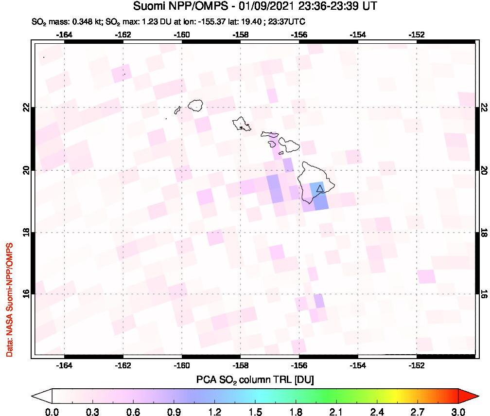 A sulfur dioxide image over Hawaii, USA on Jan 09, 2021.