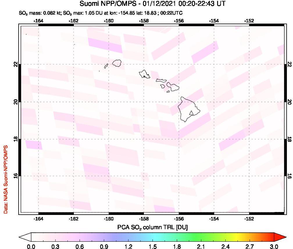 A sulfur dioxide image over Hawaii, USA on Jan 12, 2021.