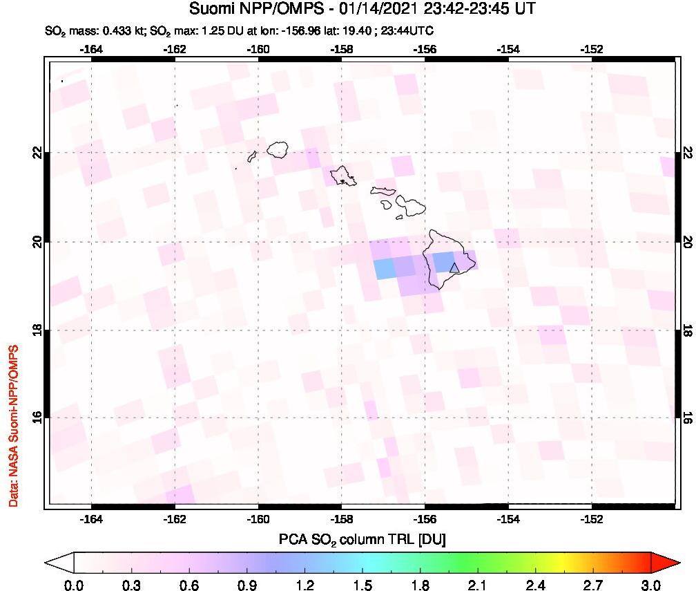 A sulfur dioxide image over Hawaii, USA on Jan 14, 2021.