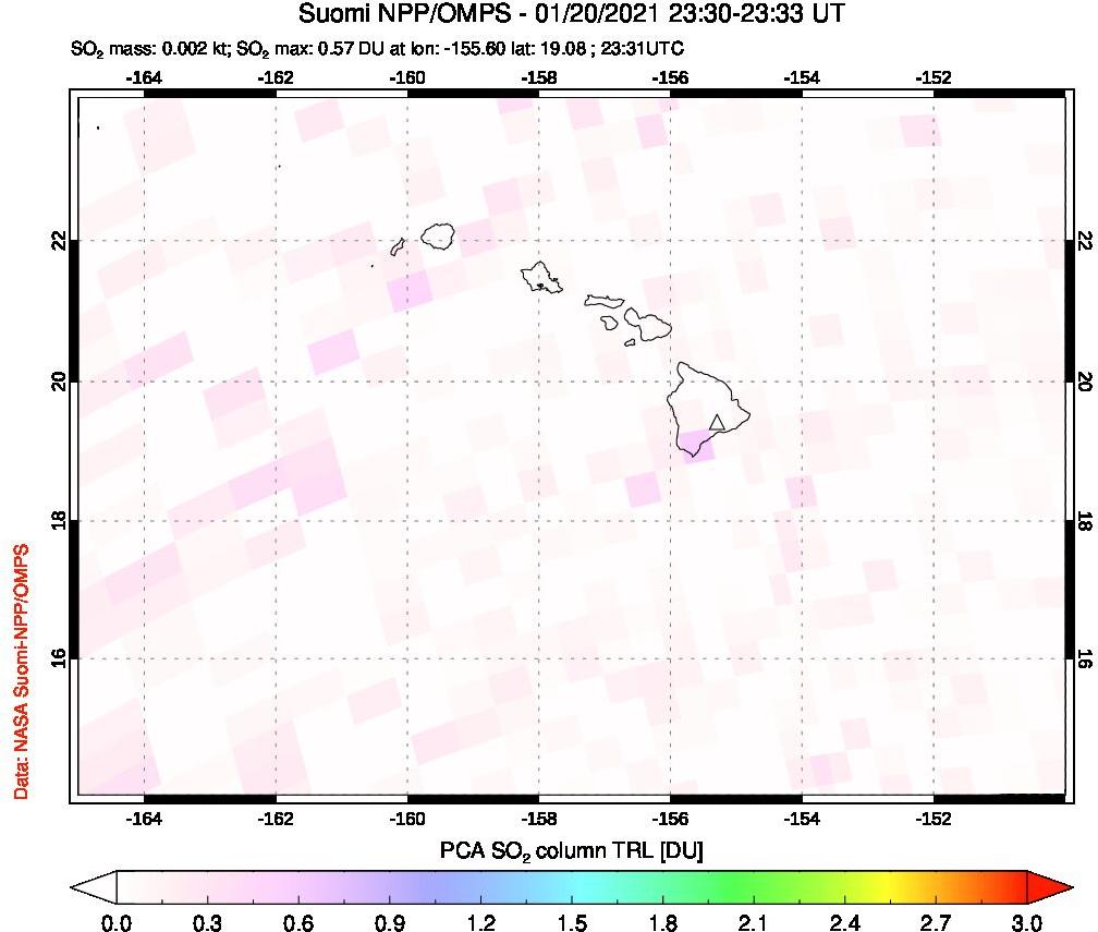 A sulfur dioxide image over Hawaii, USA on Jan 20, 2021.