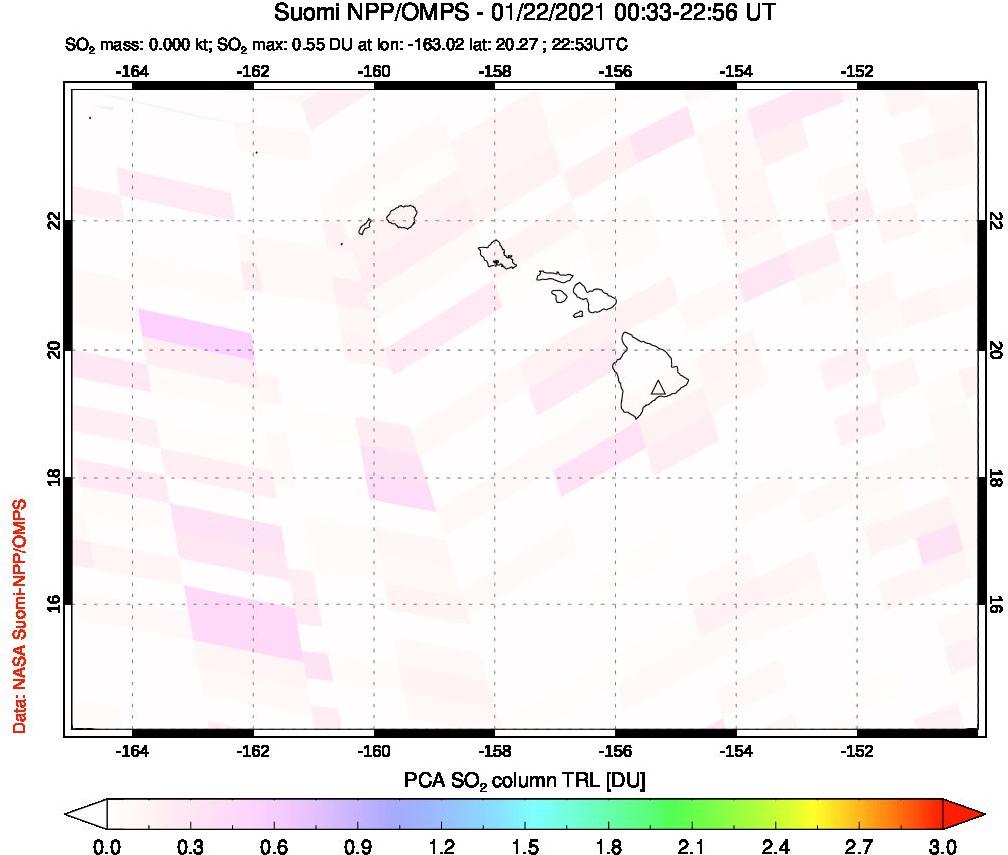 A sulfur dioxide image over Hawaii, USA on Jan 22, 2021.