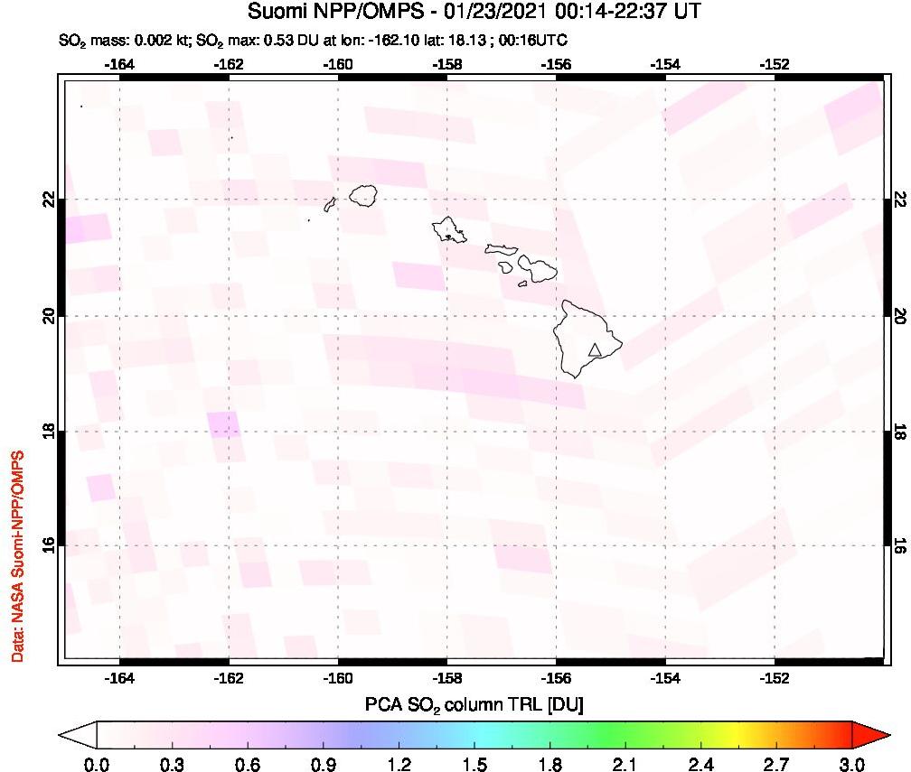 A sulfur dioxide image over Hawaii, USA on Jan 23, 2021.