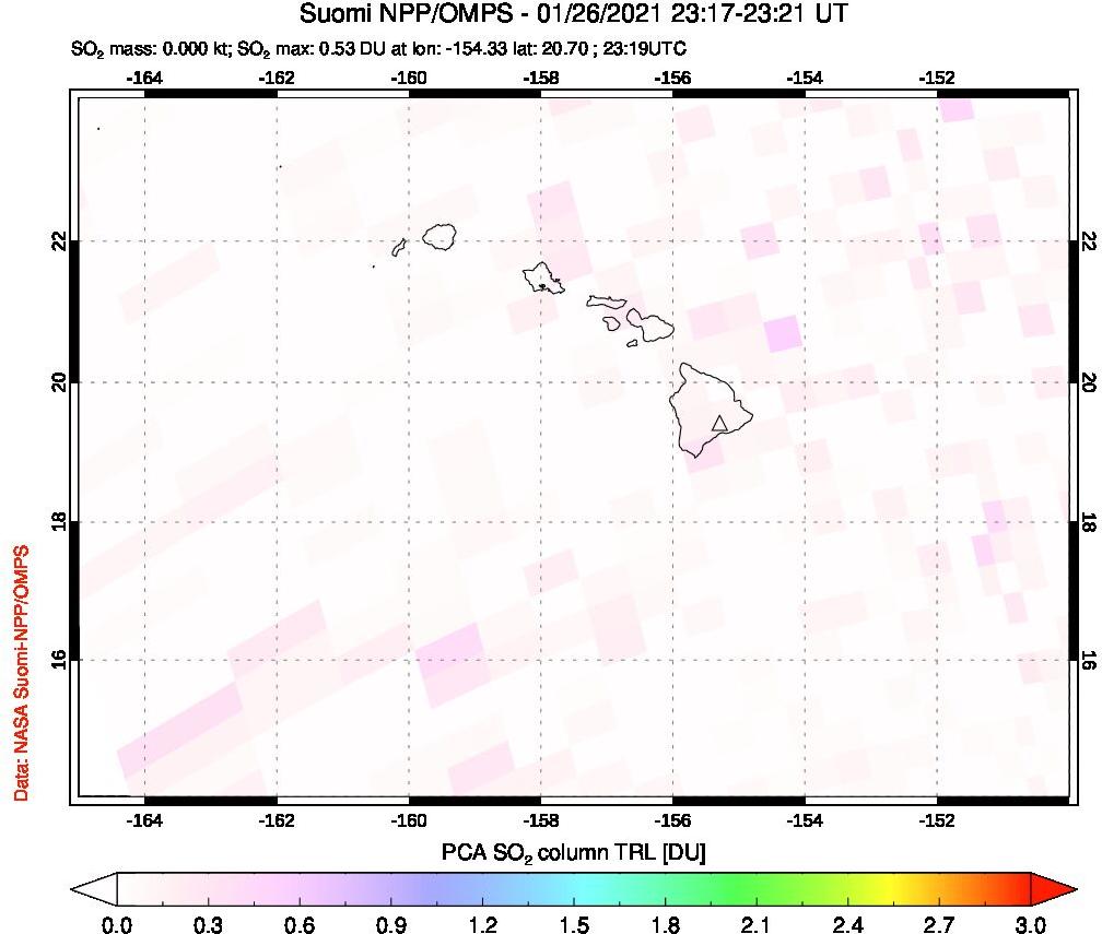 A sulfur dioxide image over Hawaii, USA on Jan 26, 2021.