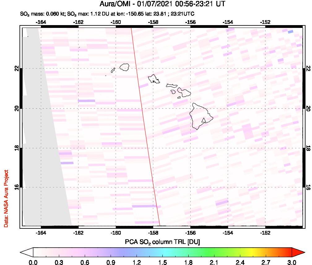 A sulfur dioxide image over Hawaii, USA on Jan 07, 2021.