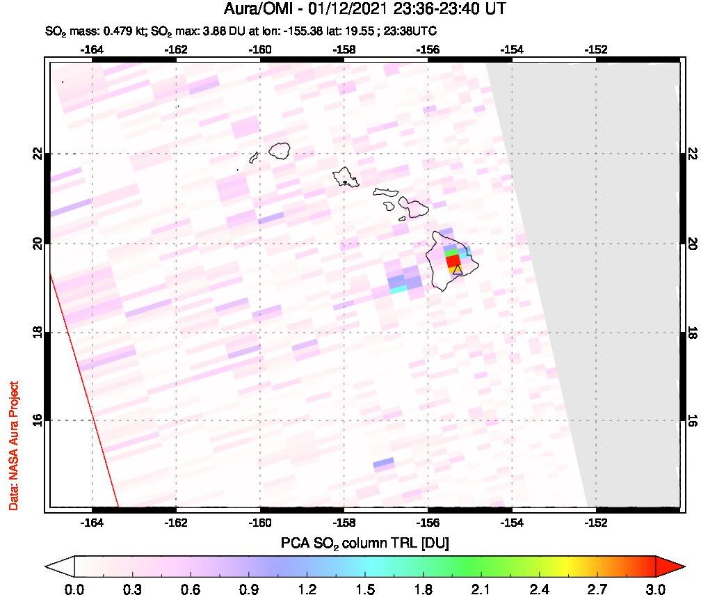 A sulfur dioxide image over Hawaii, USA on Jan 12, 2021.