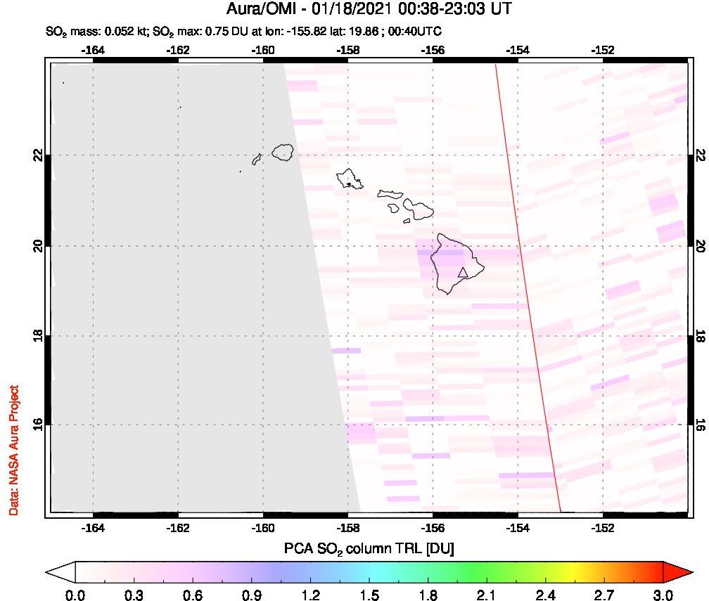 A sulfur dioxide image over Hawaii, USA on Jan 18, 2021.
