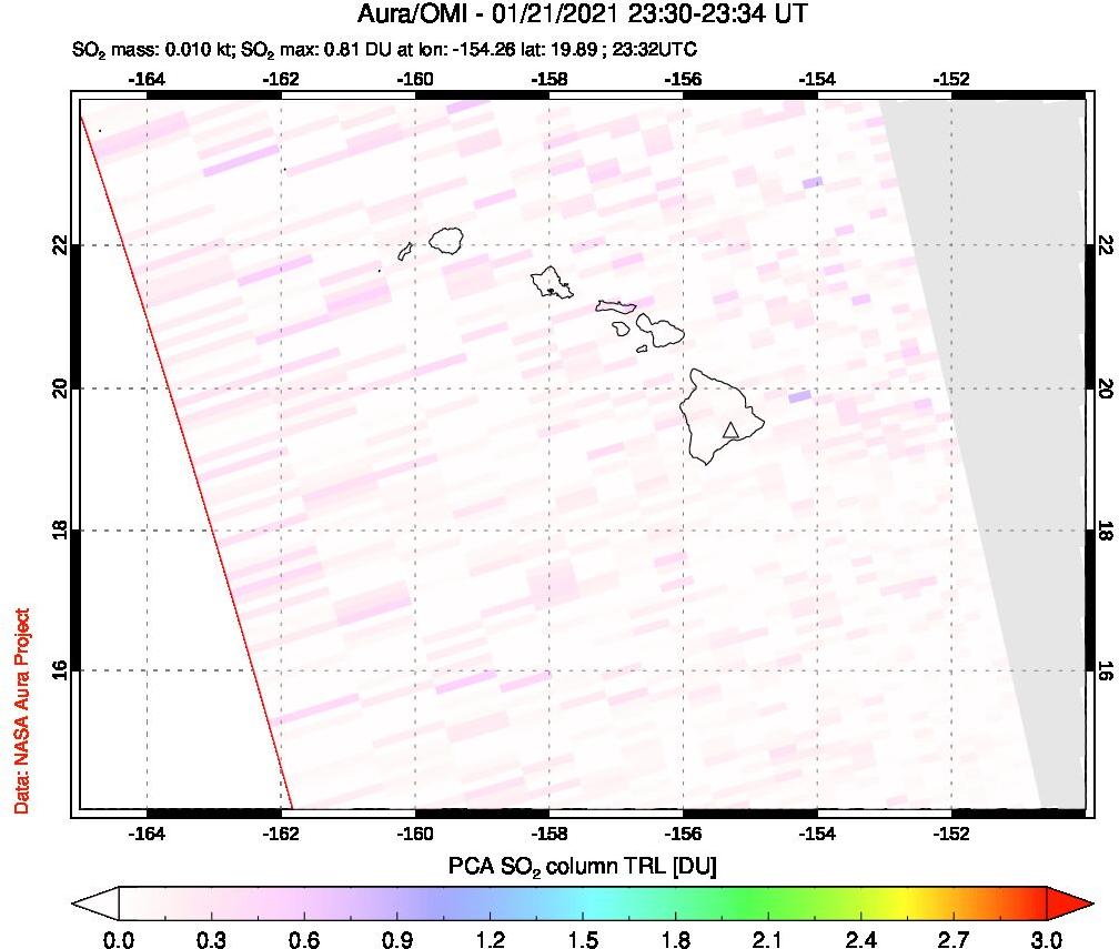 A sulfur dioxide image over Hawaii, USA on Jan 21, 2021.
