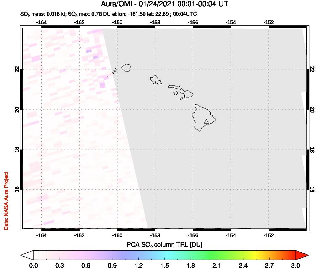 A sulfur dioxide image over Hawaii, USA on Jan 24, 2021.