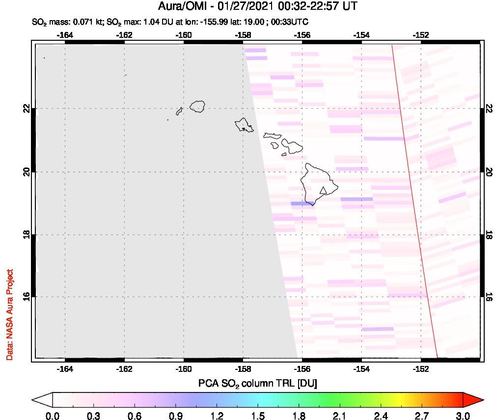 A sulfur dioxide image over Hawaii, USA on Jan 27, 2021.