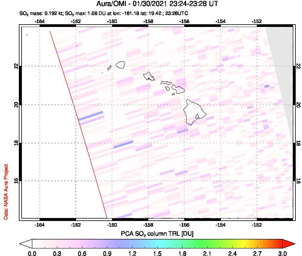 A sulfur dioxide image over Hawaii, USA on Jan 30, 2021.
