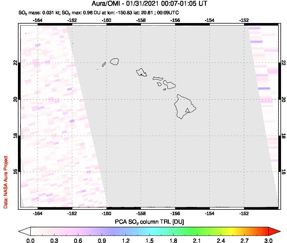 A sulfur dioxide image over Hawaii, USA on Jan 31, 2021.
