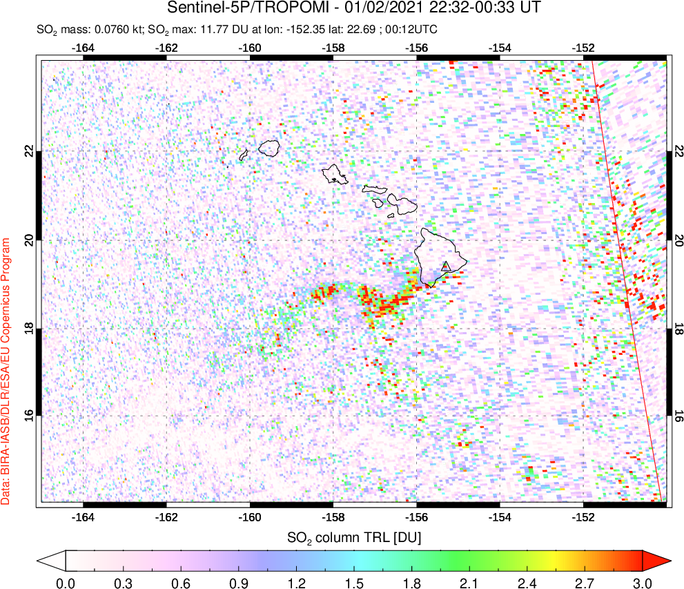 A sulfur dioxide image over Hawaii, USA on Jan 02, 2021.