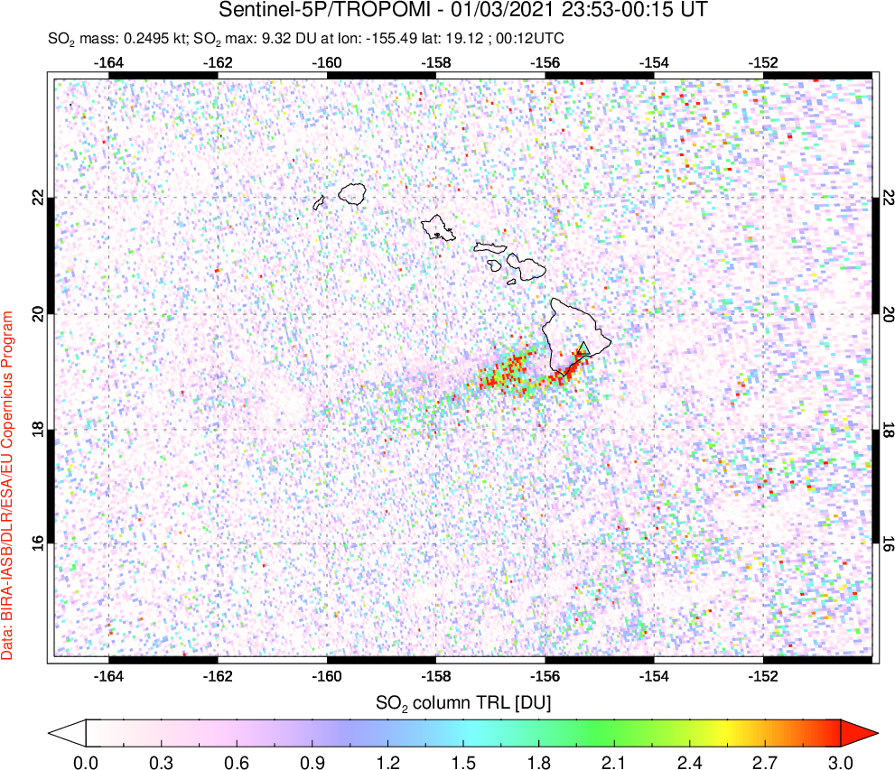 A sulfur dioxide image over Hawaii, USA on Jan 03, 2021.