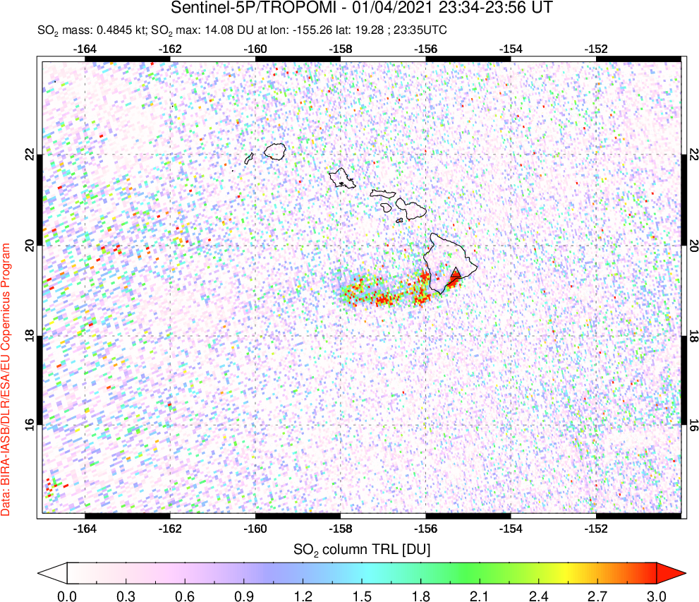 A sulfur dioxide image over Hawaii, USA on Jan 04, 2021.