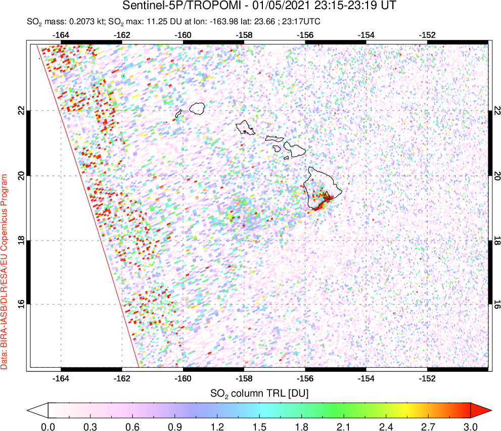 A sulfur dioxide image over Hawaii, USA on Jan 05, 2021.