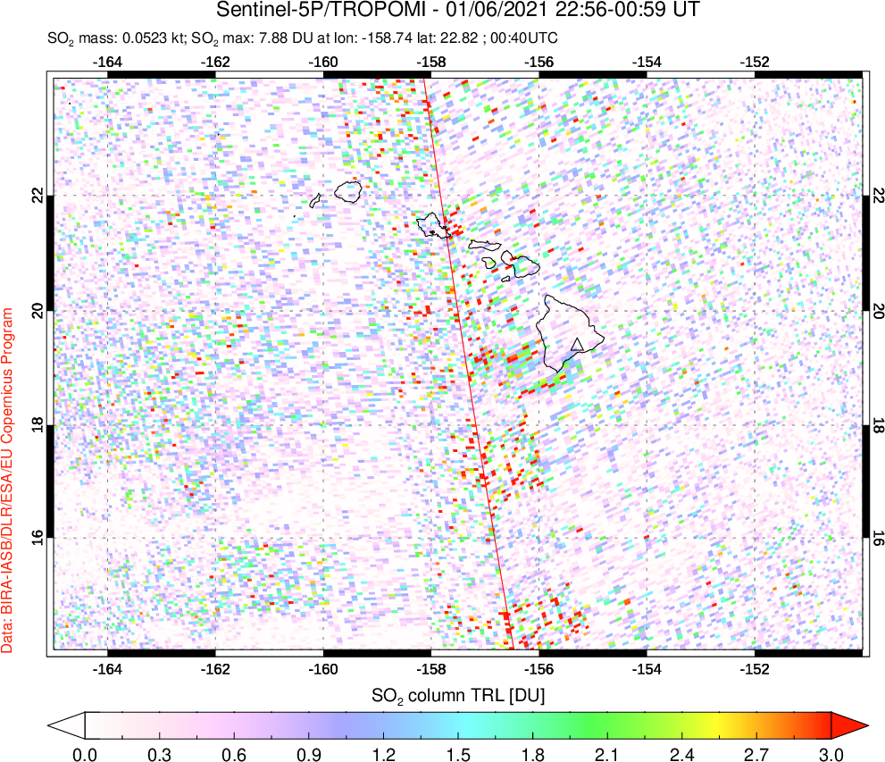 A sulfur dioxide image over Hawaii, USA on Jan 06, 2021.
