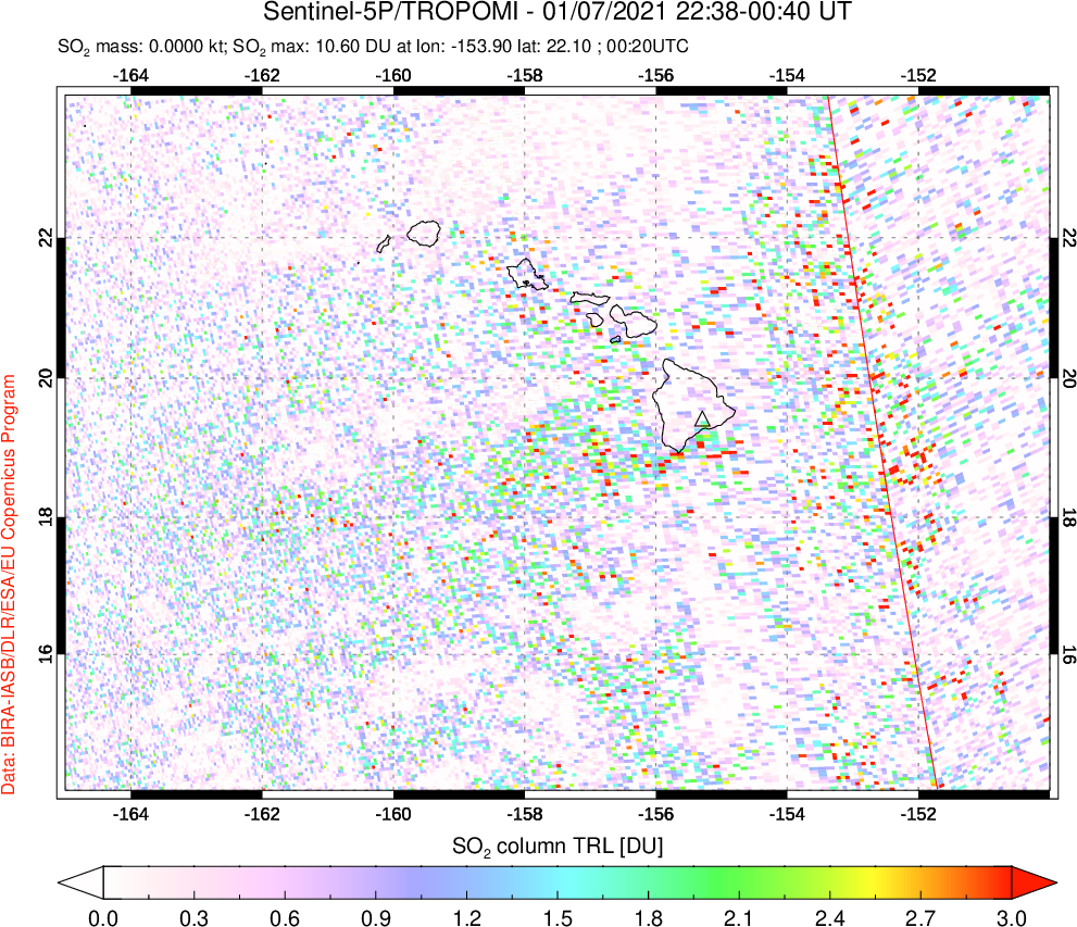 A sulfur dioxide image over Hawaii, USA on Jan 07, 2021.