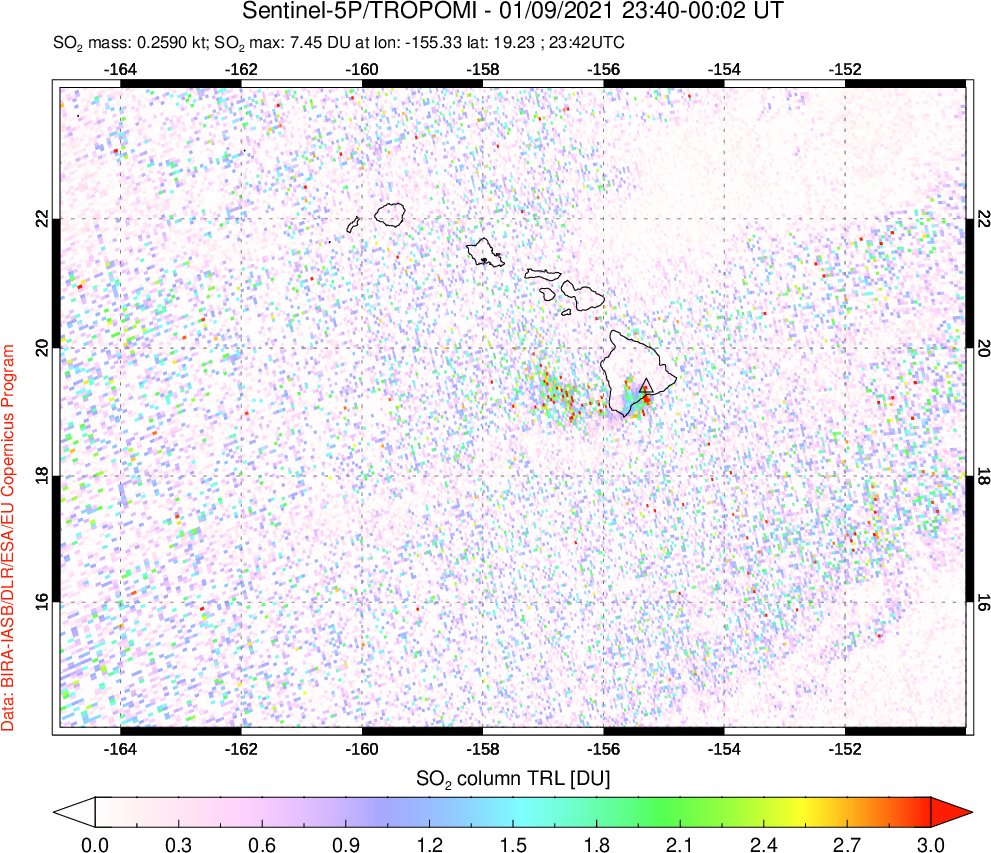 A sulfur dioxide image over Hawaii, USA on Jan 09, 2021.