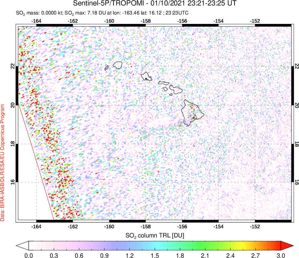 A sulfur dioxide image over Hawaii, USA on Jan 10, 2021.