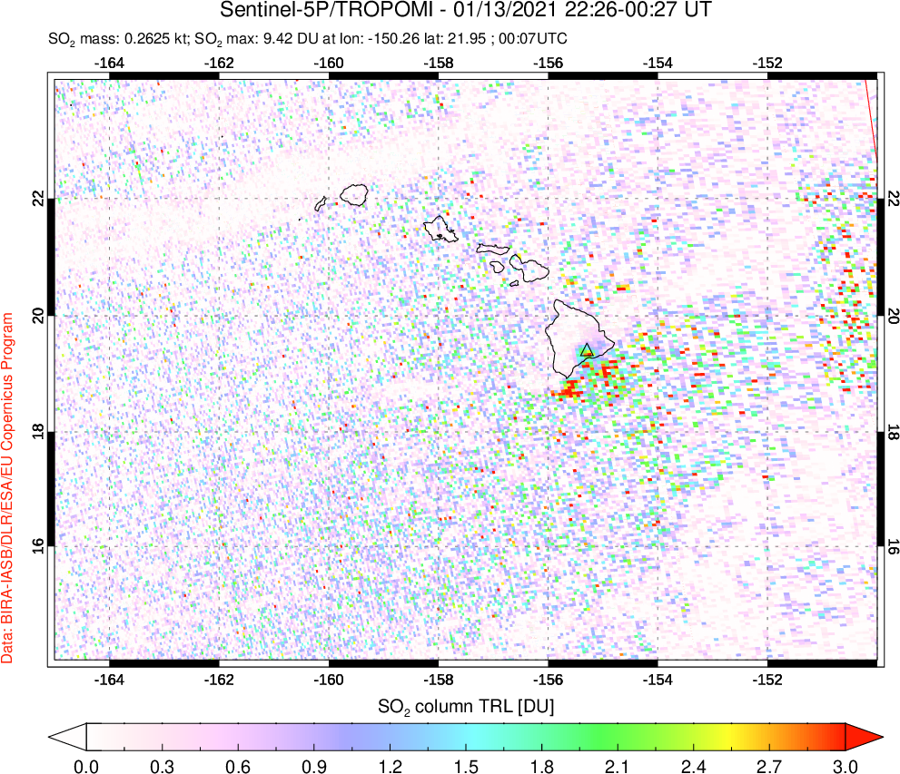 A sulfur dioxide image over Hawaii, USA on Jan 13, 2021.