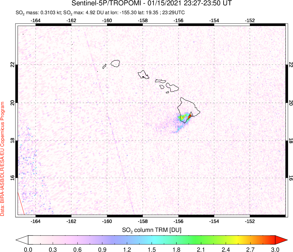 A sulfur dioxide image over Hawaii, USA on Jan 15, 2021.