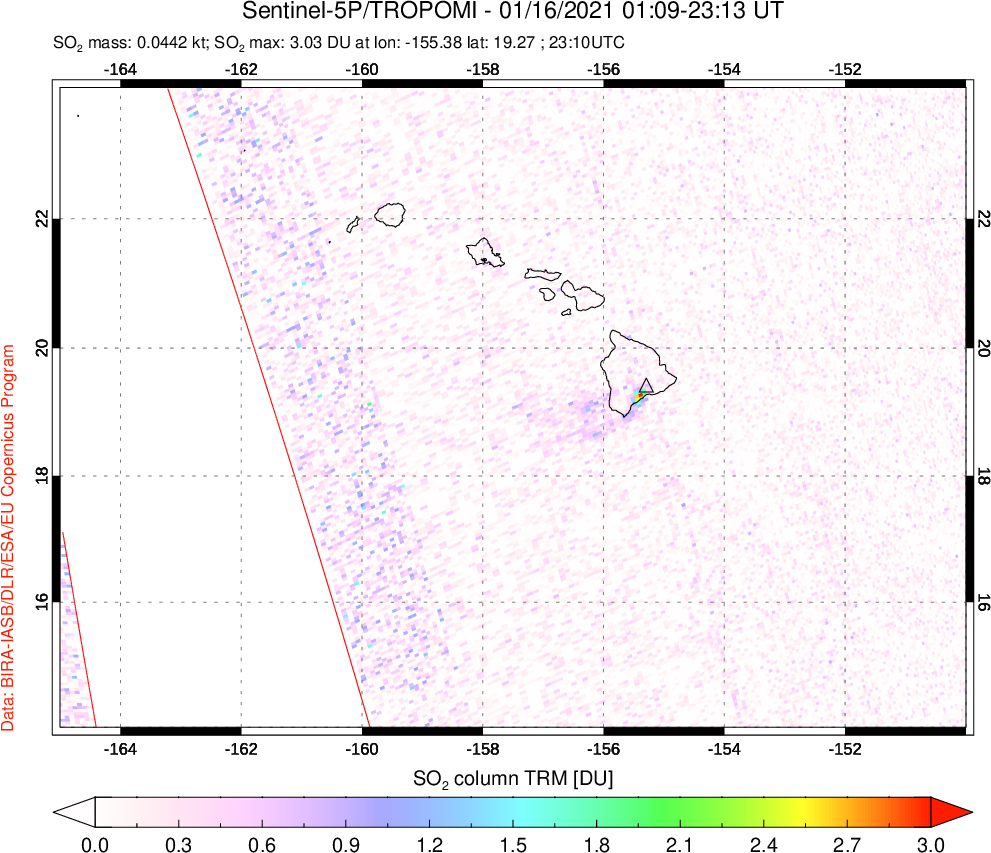 A sulfur dioxide image over Hawaii, USA on Jan 16, 2021.