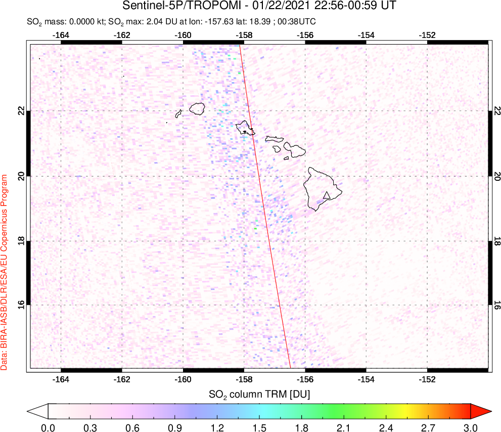 A sulfur dioxide image over Hawaii, USA on Jan 22, 2021.