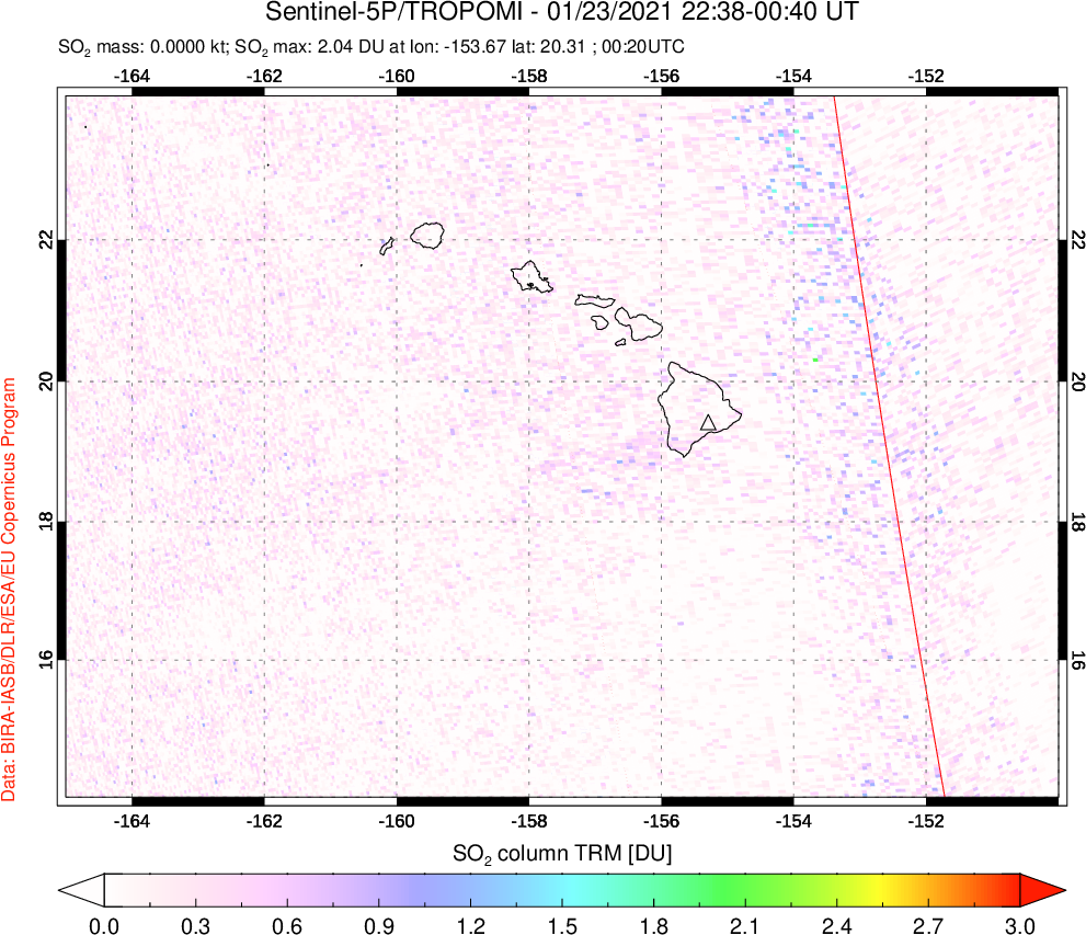 A sulfur dioxide image over Hawaii, USA on Jan 23, 2021.