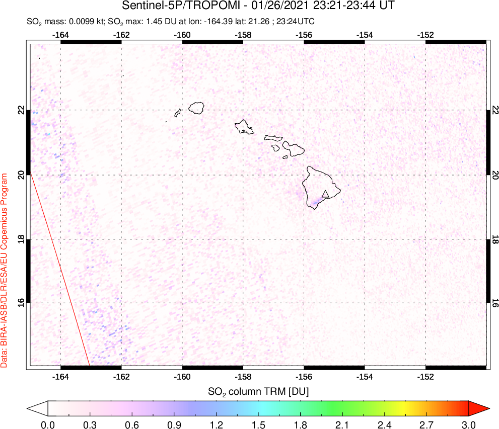A sulfur dioxide image over Hawaii, USA on Jan 26, 2021.