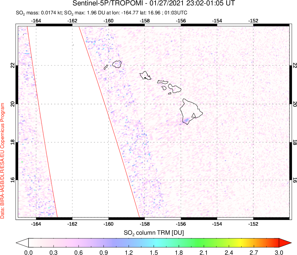 A sulfur dioxide image over Hawaii, USA on Jan 27, 2021.