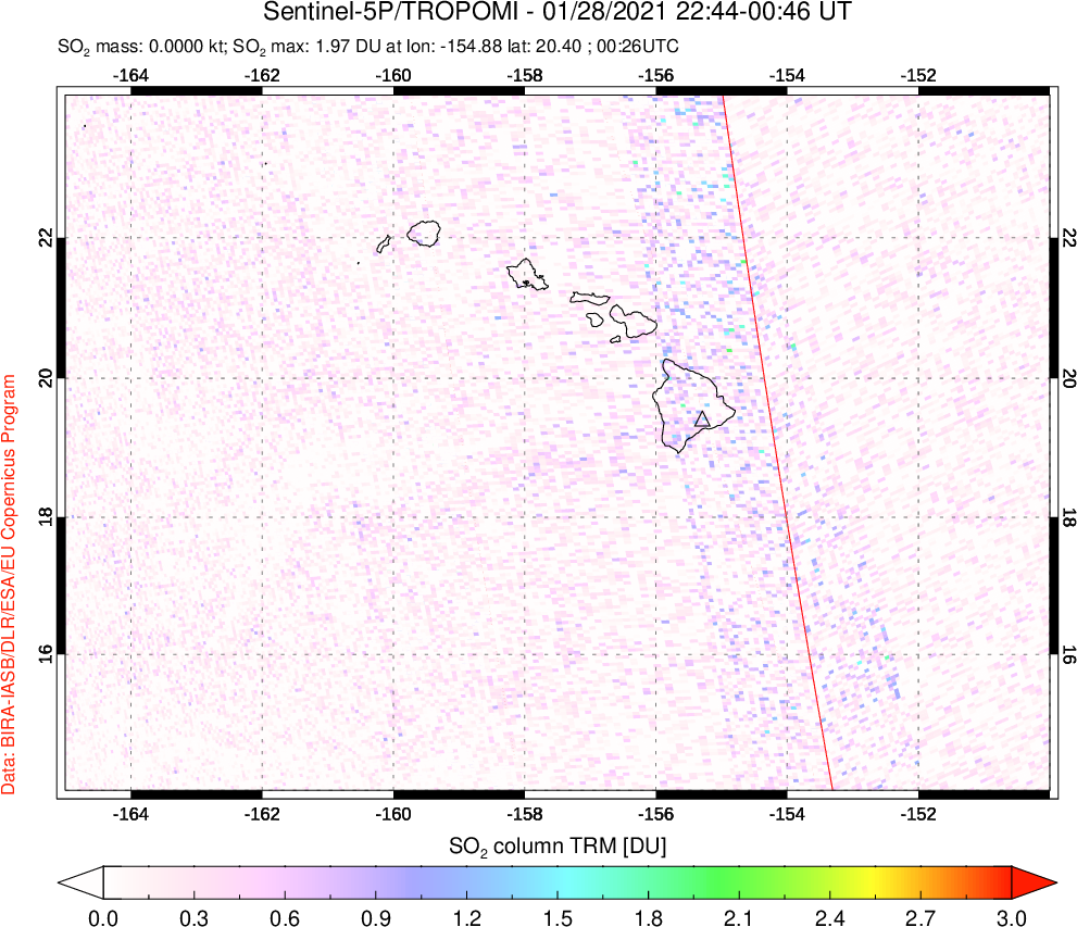 A sulfur dioxide image over Hawaii, USA on Jan 28, 2021.
