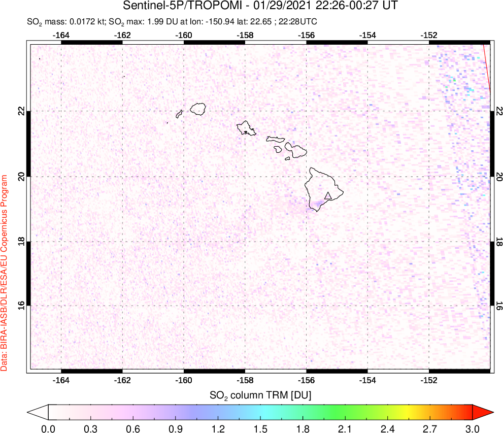 A sulfur dioxide image over Hawaii, USA on Jan 29, 2021.