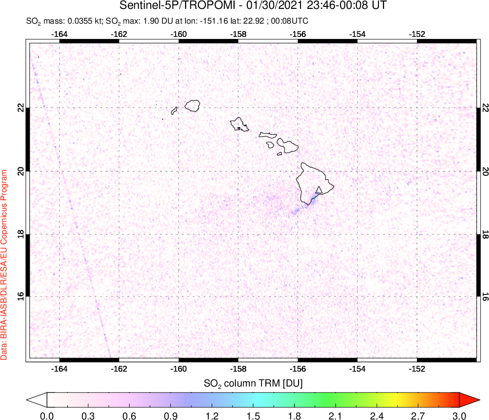 A sulfur dioxide image over Hawaii, USA on Jan 30, 2021.