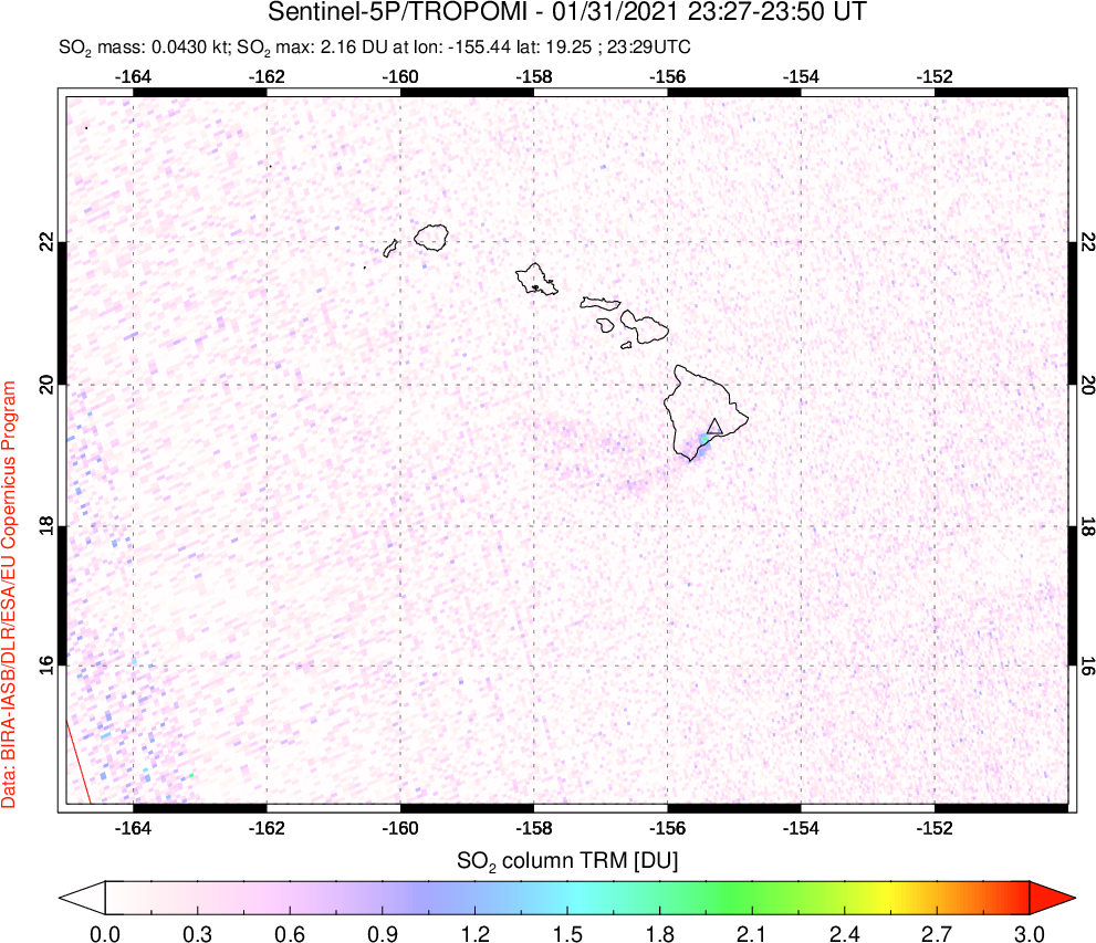 A sulfur dioxide image over Hawaii, USA on Jan 31, 2021.