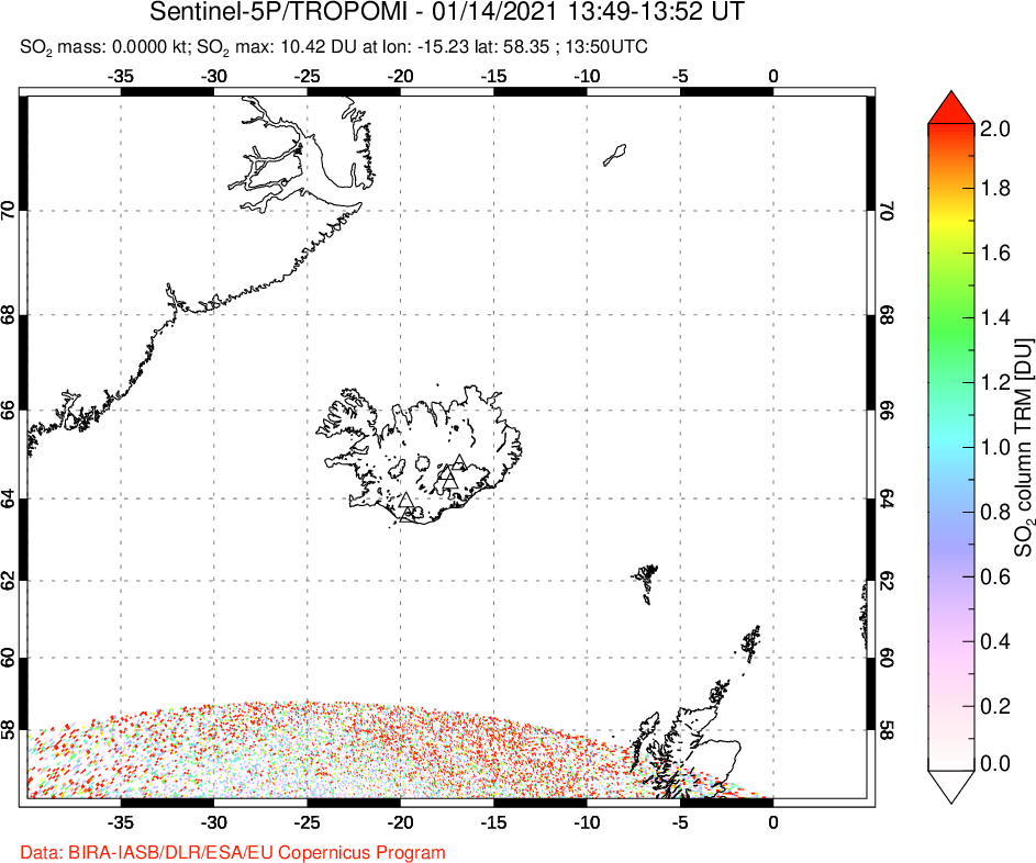 A sulfur dioxide image over Iceland on Jan 14, 2021.