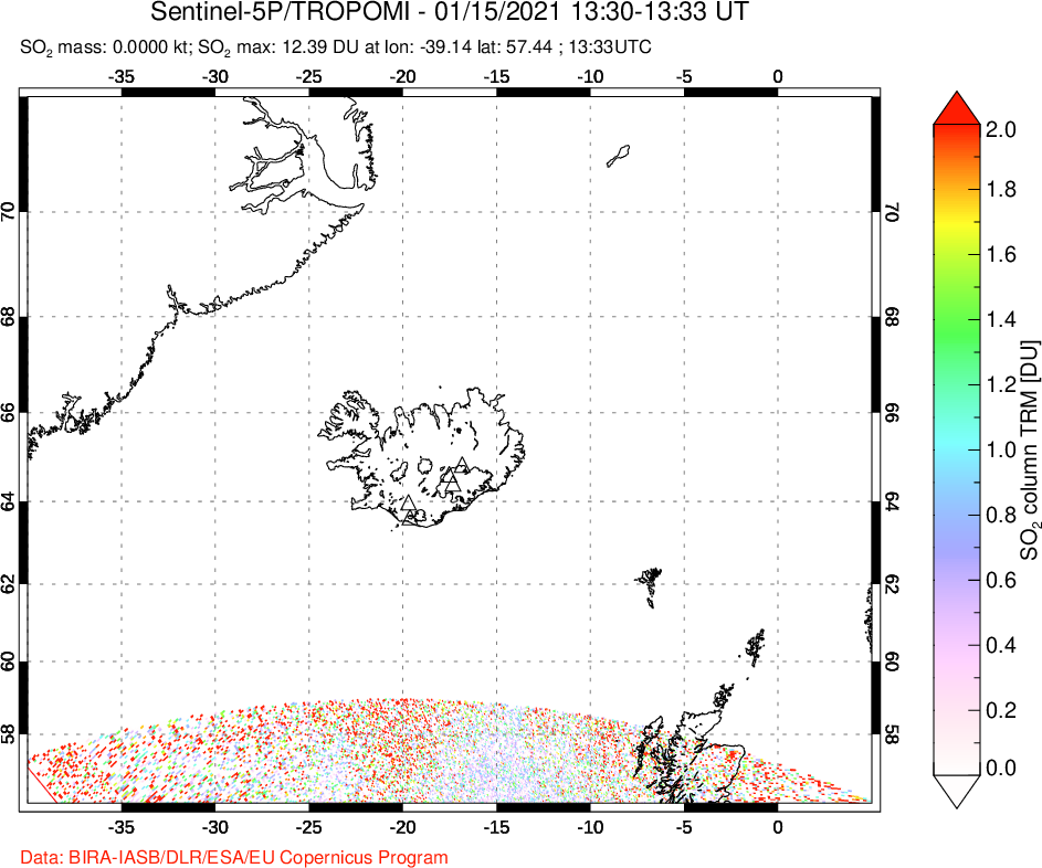 A sulfur dioxide image over Iceland on Jan 15, 2021.