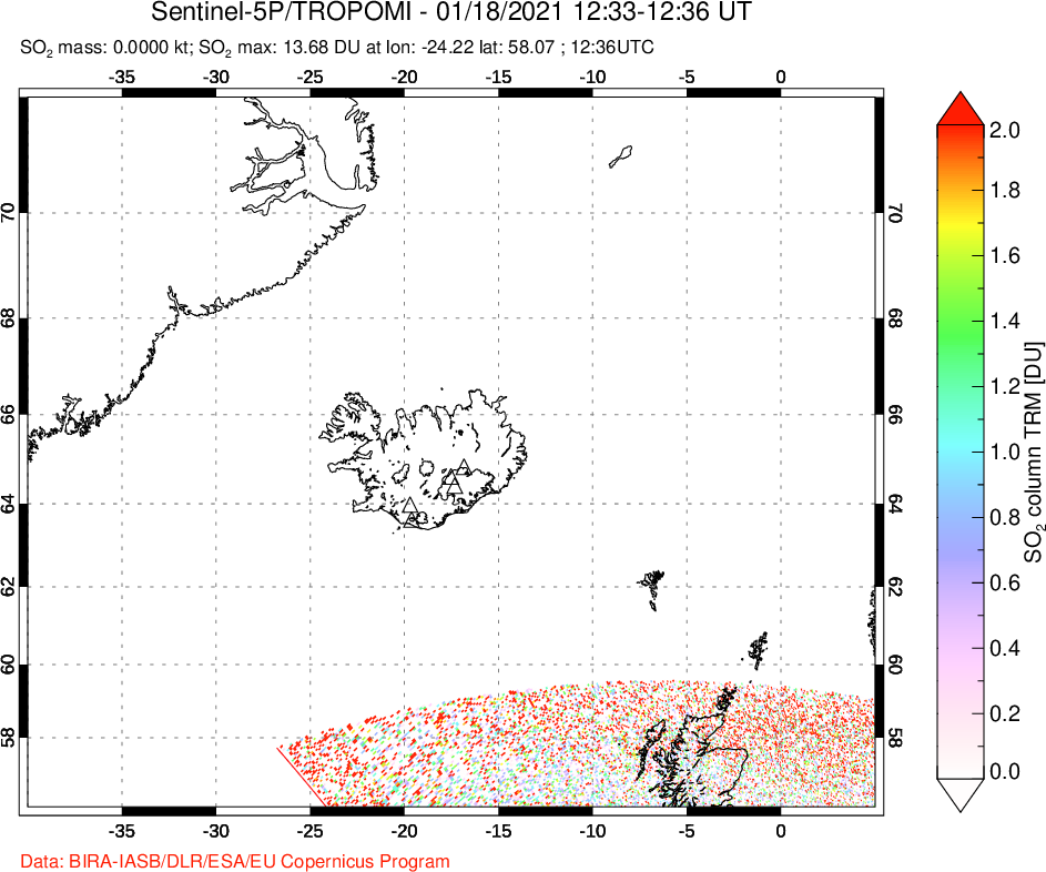 A sulfur dioxide image over Iceland on Jan 18, 2021.