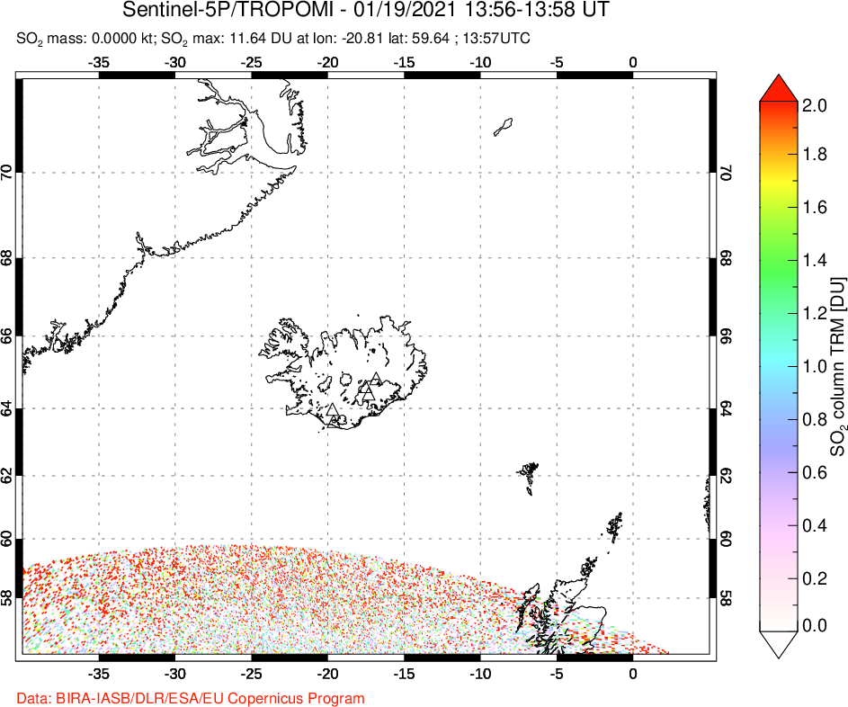 A sulfur dioxide image over Iceland on Jan 19, 2021.
