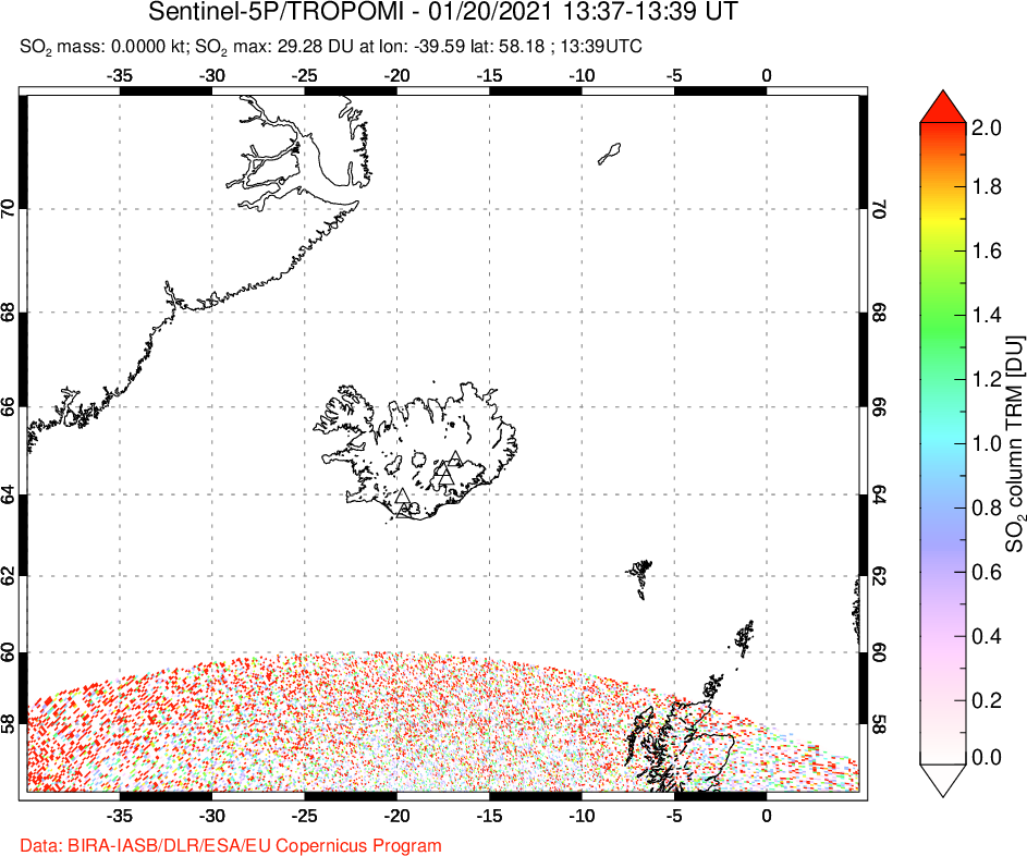 A sulfur dioxide image over Iceland on Jan 20, 2021.