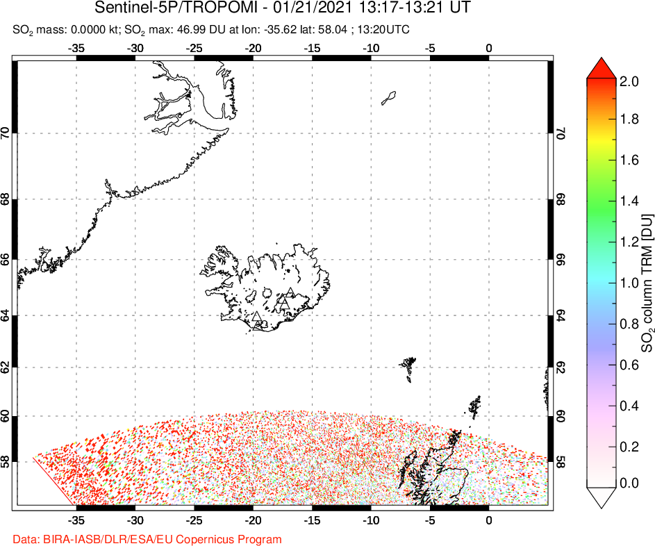 A sulfur dioxide image over Iceland on Jan 21, 2021.