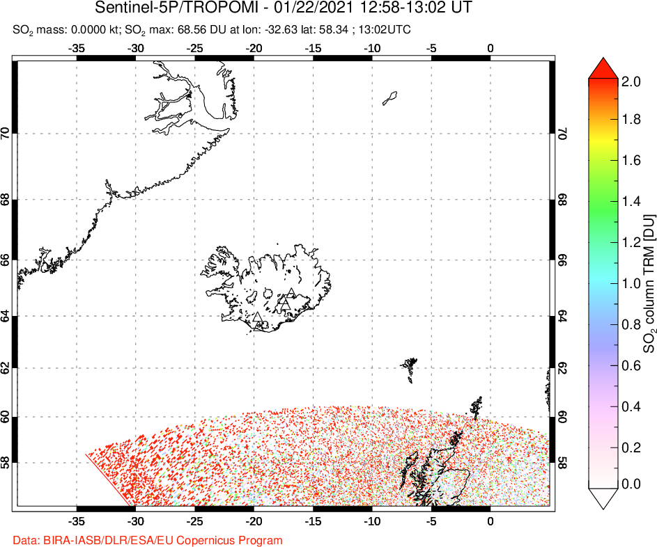 A sulfur dioxide image over Iceland on Jan 22, 2021.