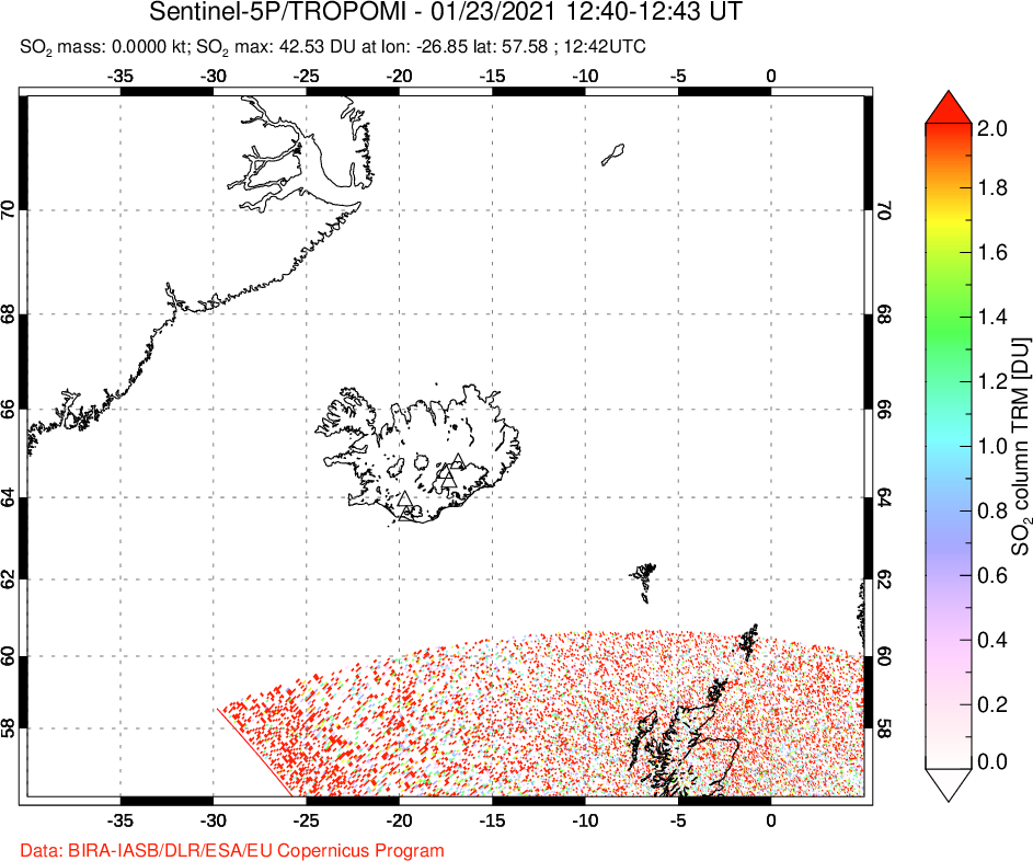 A sulfur dioxide image over Iceland on Jan 23, 2021.