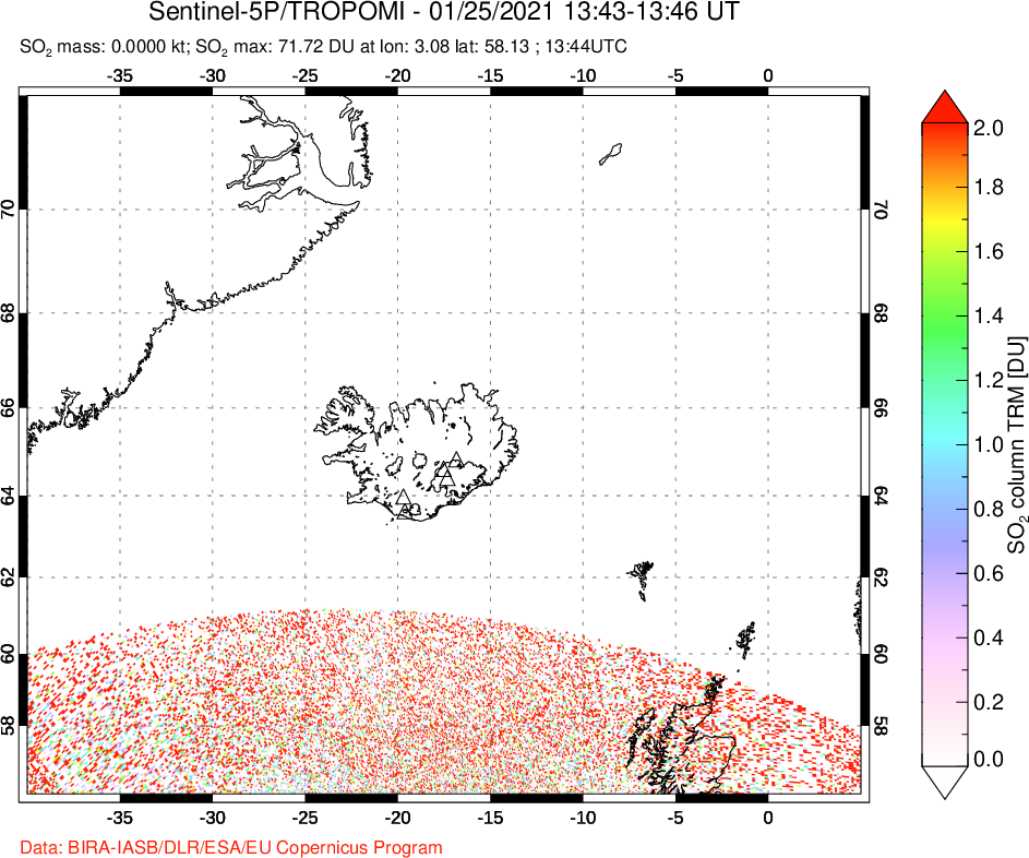 A sulfur dioxide image over Iceland on Jan 25, 2021.