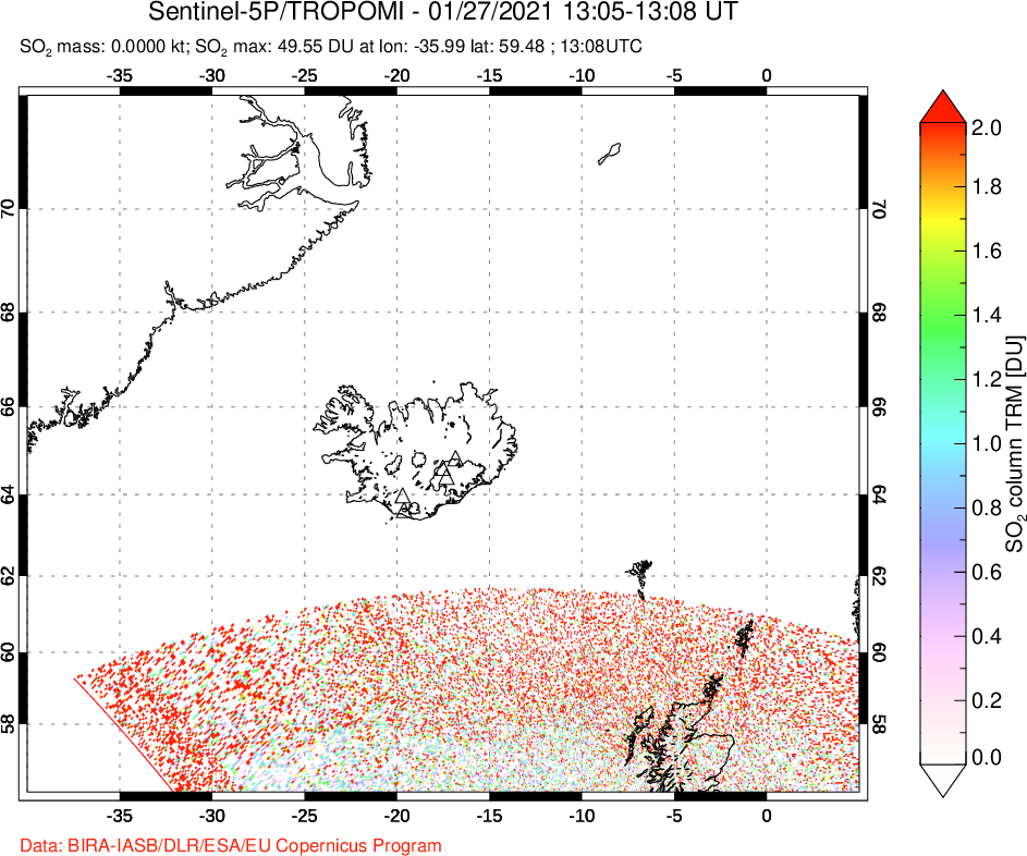 A sulfur dioxide image over Iceland on Jan 27, 2021.