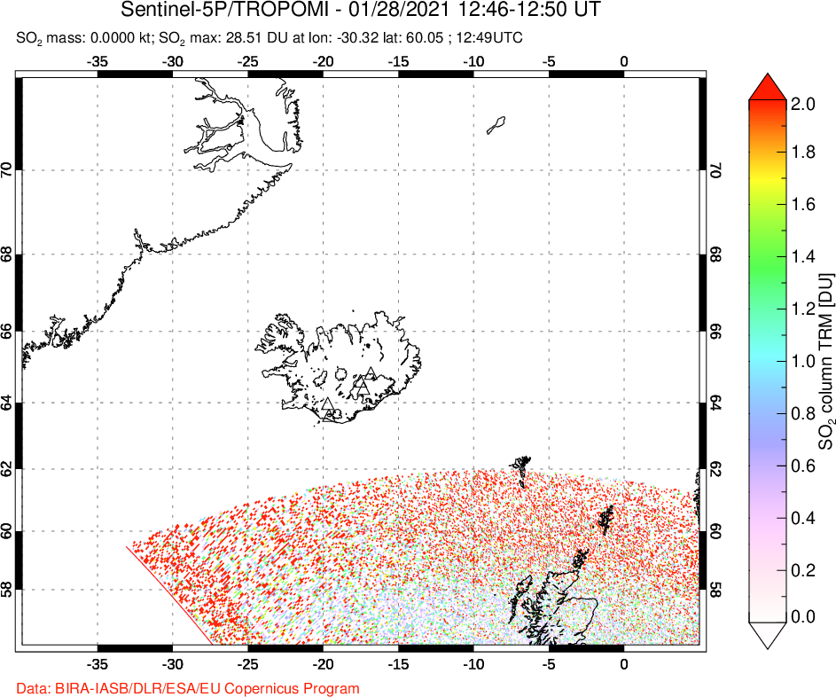 A sulfur dioxide image over Iceland on Jan 28, 2021.