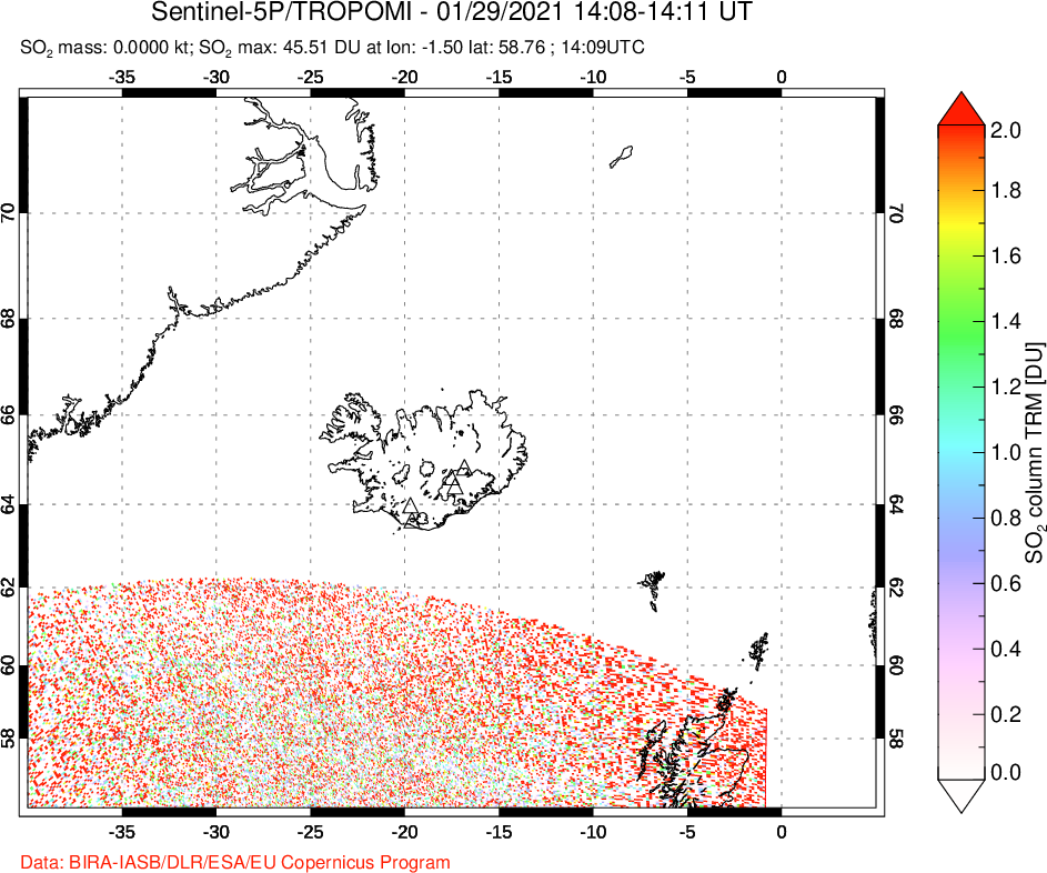 A sulfur dioxide image over Iceland on Jan 29, 2021.