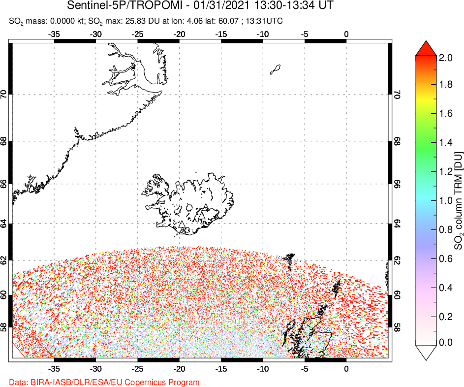 A sulfur dioxide image over Iceland on Jan 31, 2021.