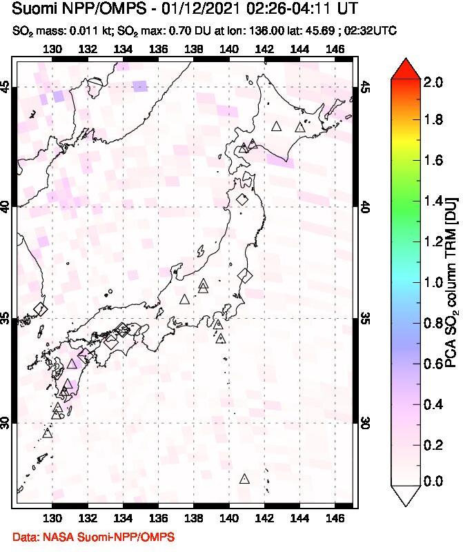 A sulfur dioxide image over Japan on Jan 12, 2021.