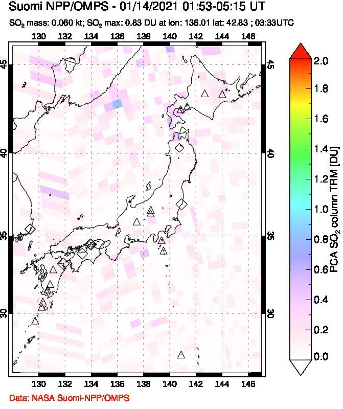 A sulfur dioxide image over Japan on Jan 14, 2021.