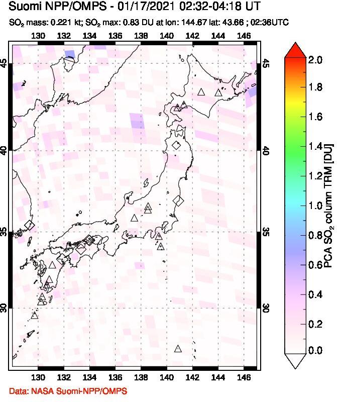 A sulfur dioxide image over Japan on Jan 17, 2021.